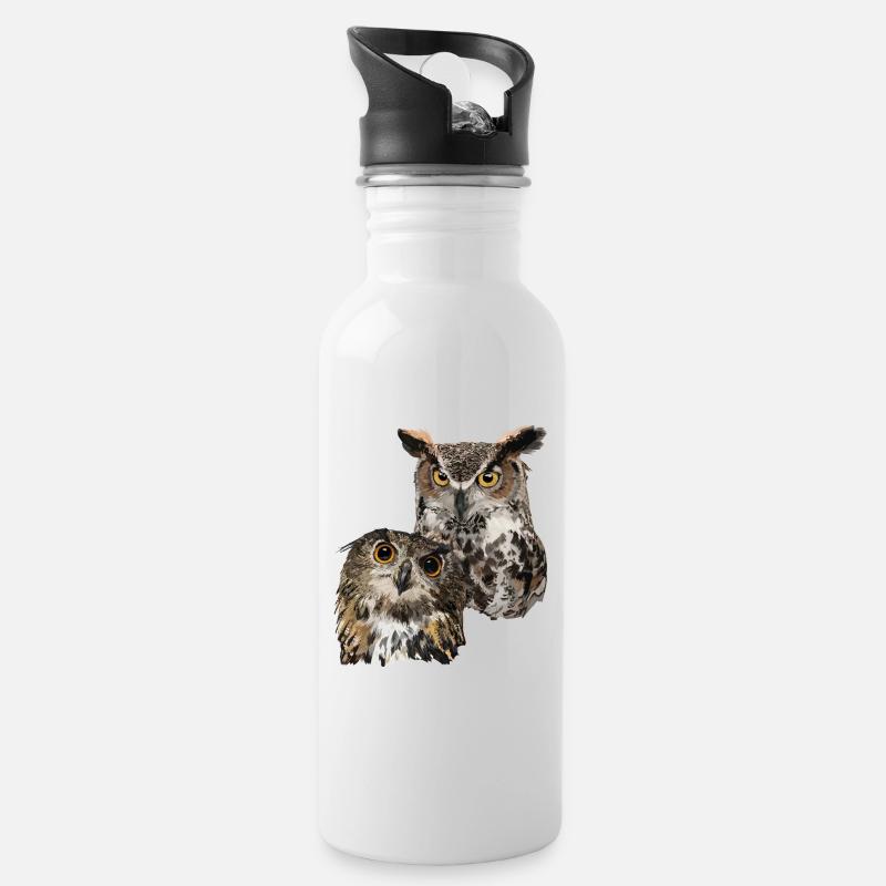 Eulen - Trinkflasche mit integriertem Trinkhalm - Weiß