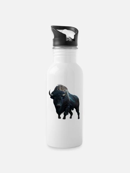 Bison schwarz Büffel mit Blitzen und Donner stark - Trinkflasche mit integriertem Trinkhalm - Weiß