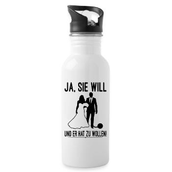 Ja Sie Will Und Er Hat Zu Wollen JGA Party Heirat - Trinkflasche mit integriertem Trinkhalm - Weiß - Rechts