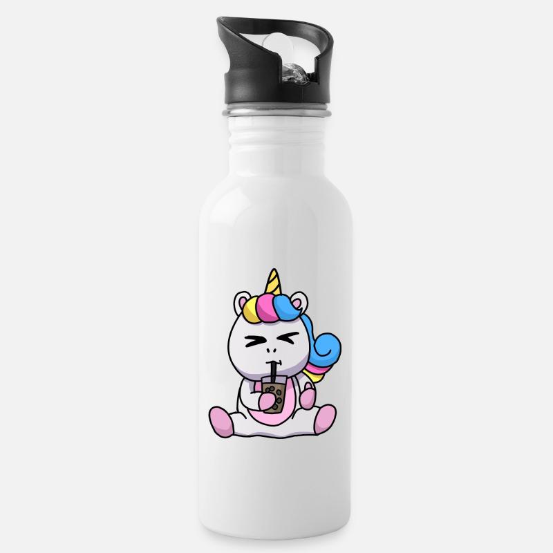 Bubble Tea Drinking Unicorn Anime Kawaii - Water bottle with straw - white