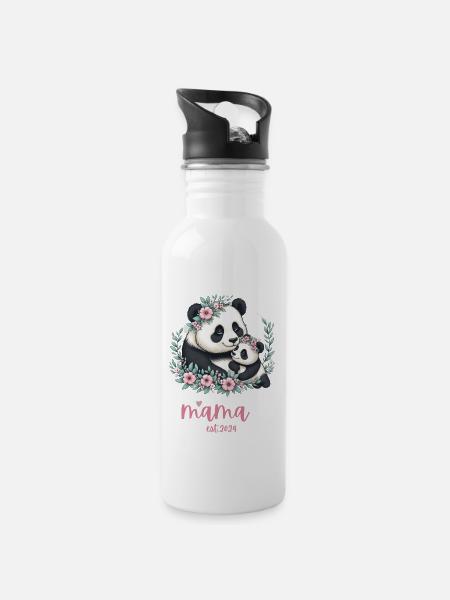 Mama est 2024 I Panda Bear Mum I First Time Mom - Trinkflasche mit integriertem Trinkhalm - Weiß