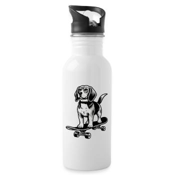 Beagle Hund Skateboard schwarz weiß Tattoo Stil - Trinkflasche mit integriertem Trinkhalm - Weiß - Rechts