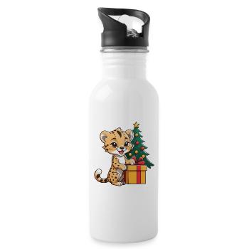 Cute leopard celebrating Christmas. - Water bottle with straw - white - Right