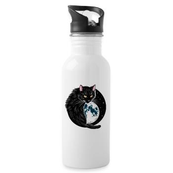 Schwarze Katze - Trinkflasche mit integriertem Trinkhalm - Weiß - Rechts