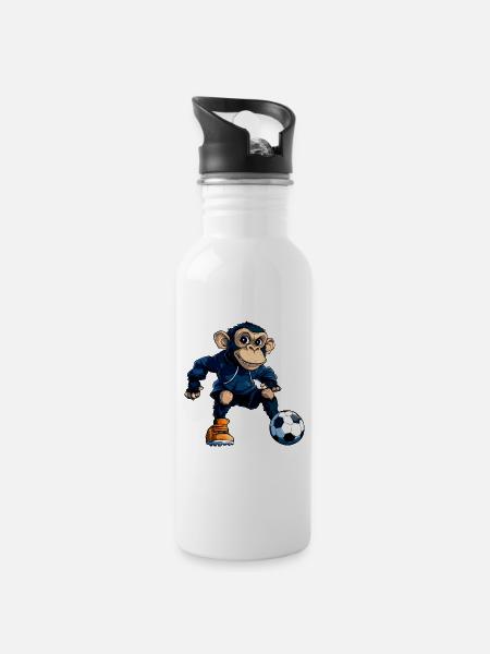 Fussball Schimpanse - Trinkflasche mit integriertem Trinkhalm - Weiß