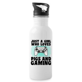 Gamer and Pigs: Videospiele und Landspaß - Trinkflasche mit integriertem Trinkhalm - Weiß - Rechts