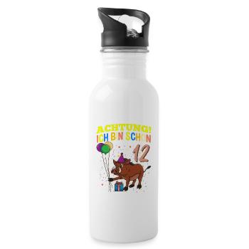 Achtung Ich Bin Schon 12 Geburtstag Warzenschwein - Trinkflasche mit integriertem Trinkhalm - Weiß - Rechts