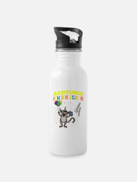 Achtung Ich Bin Schon 4 Tier Geburtstag Lemur Affe - Trinkflasche mit integriertem Trinkhalm - Weiß