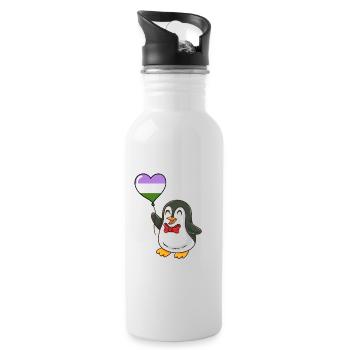 Pinguin Herzballon Genderqueer Pride - Trinkflasche mit integriertem Trinkhalm - Weiß - Rechts