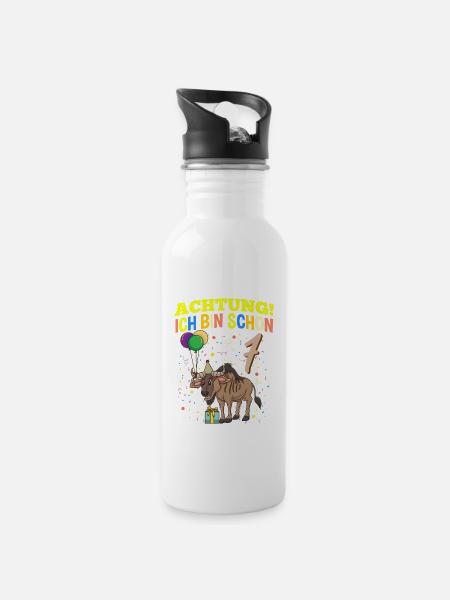 Achtung Ich Bin Schon 7 Tier Geburtstag Gnu - Trinkflasche mit integriertem Trinkhalm - Weiß