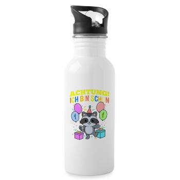 Achtung Ich Bin Schon 1 Tier Geburtstag Waschbär - Trinkflasche mit integriertem Trinkhalm - Weiß - Rechts