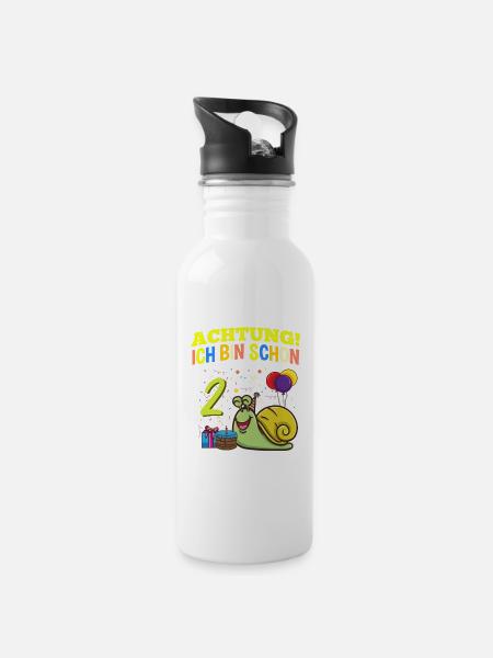 Achtung Ich Bin Schon 2 Geburtstag Schnecke - Trinkflasche mit integriertem Trinkhalm - Weiß