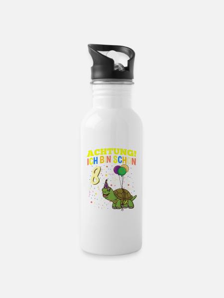 Achtung Ich Bin Schon 8 Geburtstag Schildkröte - Trinkflasche mit integriertem Trinkhalm - Weiß