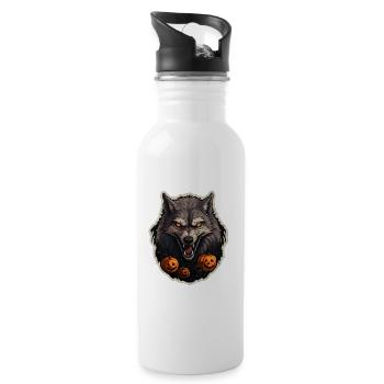 Halloween Wolf mit Kürbis - Trinkflasche mit integriertem Trinkhalm - Weiß - Rechts