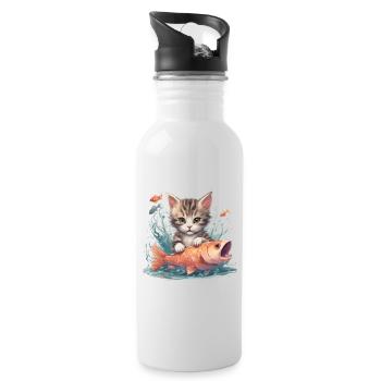 Baby Katze mit Fisch - Trinkflasche mit integriertem Trinkhalm - Weiß - Rechts