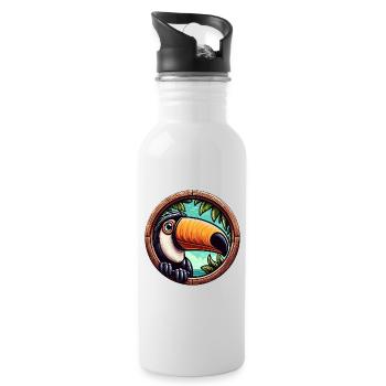 Cartoon toucan looking through round window - Water bottle with straw - white - Right