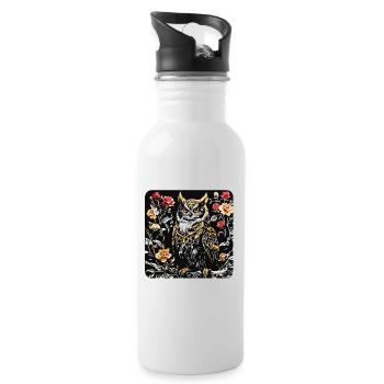 Hibou avec des vrilles de pétales de rose en aspect gravure sur bois - Gourde avec paille intégrée - blanc - Droite