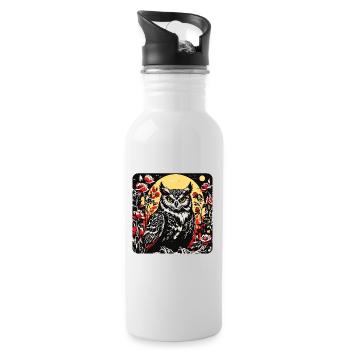 Hibou avec des vrilles de pétales de rose en aspect gravure sur bois - Gourde avec paille intégrée - blanc - Droite