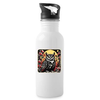 Owl with rose petals tendrils in woodcut look - Water bottle with straw - white - Right