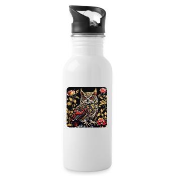Hibou avec des vrilles de pétales de rose en aspect gravure sur bois - Gourde avec paille intégrée - blanc - Droite