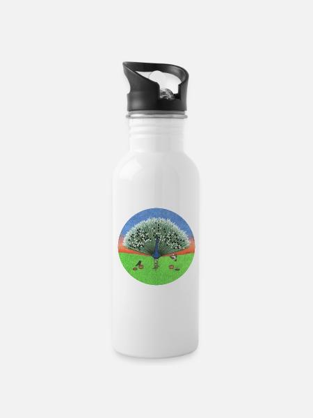 Two Birds Play Go on the Feathers of a Peacock - Water bottle with straw - white