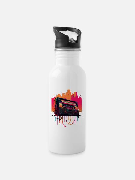Retro Mixtape - Trinkflasche mit integriertem Trinkhalm - Weiß