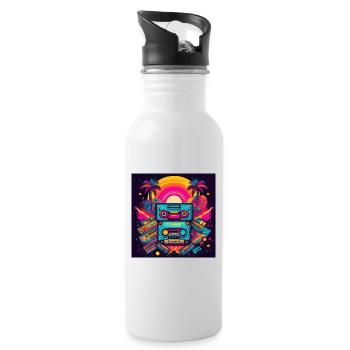 Retro Cassette Tapes Neon Sunset Art - Water bottle with straw - white - Right