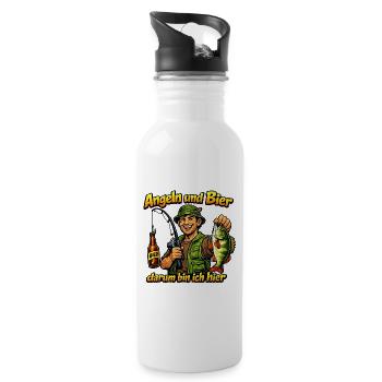 Angeln und Bier – Darum bin ich hier - Trinkflasche mit integriertem Trinkhalm - Weiß - Rechts