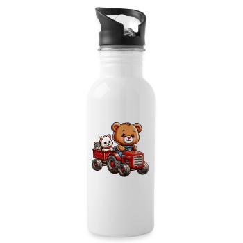 Teddybär und Kätzchen fahren Traktor mit Anhänger - Trinkflasche mit integriertem Trinkhalm - Weiß - Rechts