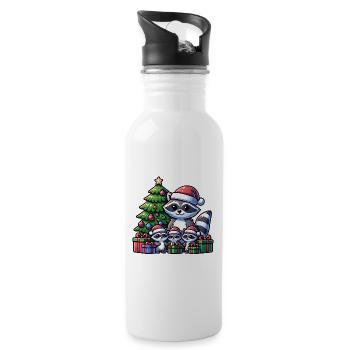 Raccoon family with Christmas tree and gifts - Water bottle with straw - white - Right