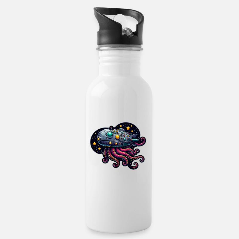 Phantasie Oktopus Raumschiff - Trinkflasche mit integriertem Trinkhalm - Weiß