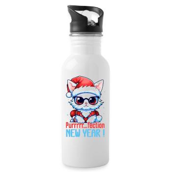 Fluffy white Mrrrrr... Perfect kitten, New Year - Water bottle with straw - white - Right