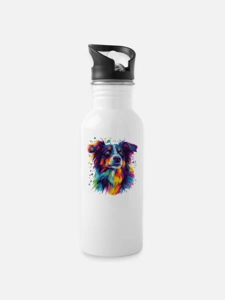 Porträt eines psychedelischen Australian Shepherds - Trinkflasche mit integriertem Trinkhalm - Weiß