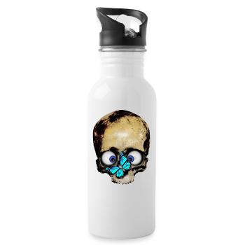 Totenkopf blauer Schmetterling / skull butterfly - Trinkflasche mit integriertem Trinkhalm - Weiß - Rechts