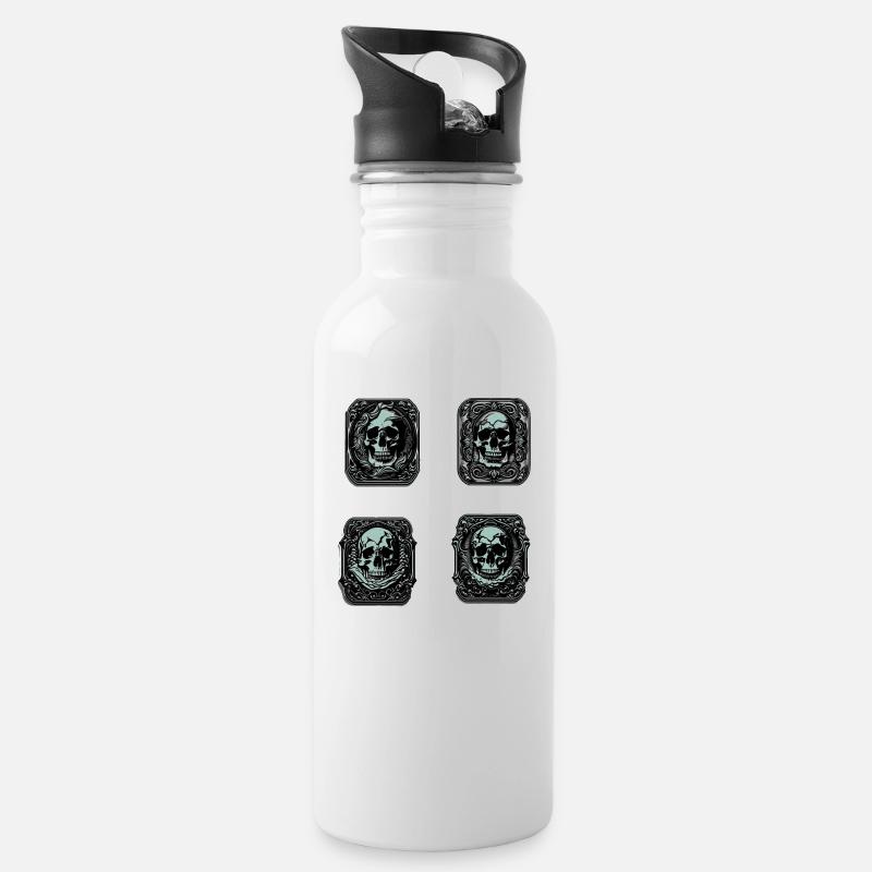 Skulls Sticker - Trinkflasche mit integriertem Trinkhalm - Weiß