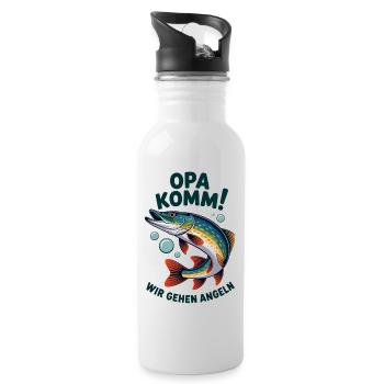 Opa komm wir gehen Angeln - springender Hecht - Trinkflasche mit integriertem Trinkhalm - Weiß - Rechts