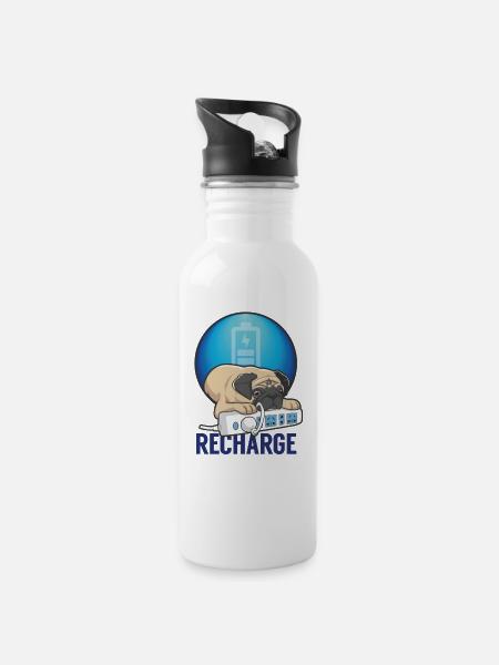Mops-Aufladen - Trinkflasche mit integriertem Trinkhalm - Weiß