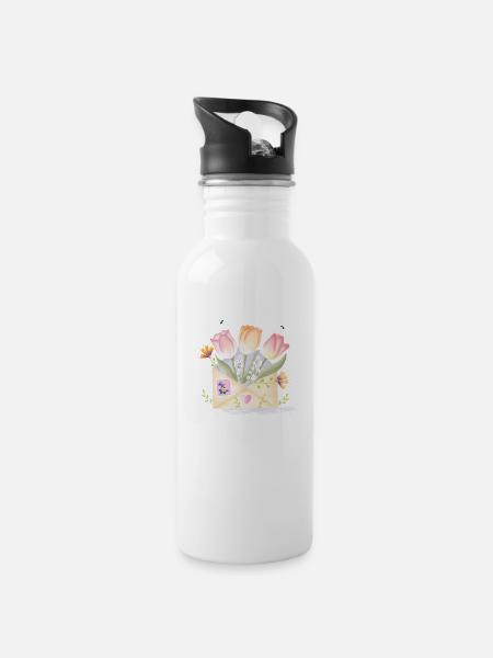 Liebesbrief mit Blumen. Personalisierbar - Trinkflasche mit integriertem Trinkhalm - Weiß
