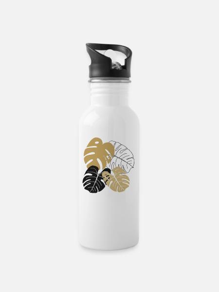Monstera Blätter Line Art - Trinkflasche mit integriertem Trinkhalm - Weiß