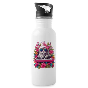 Cute Cat with Piano - Water bottle with straw - white - Right