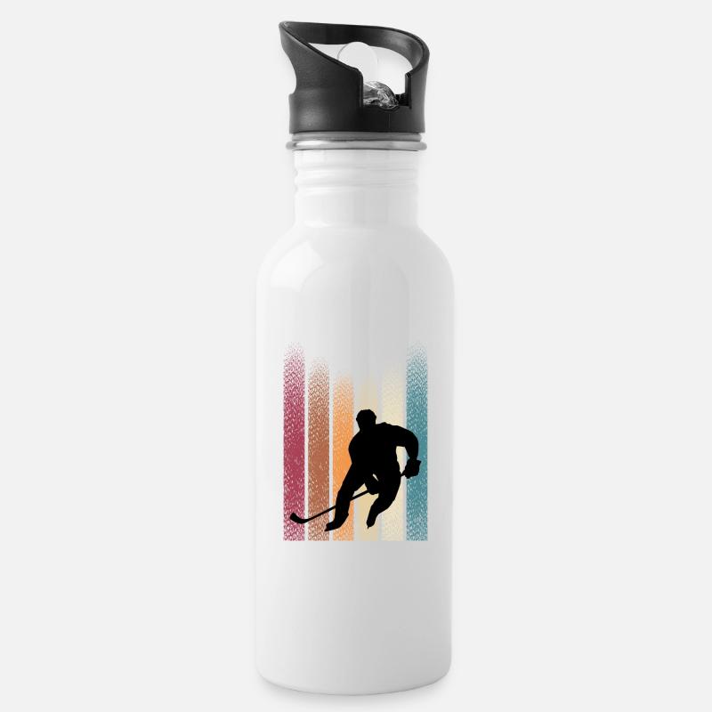 Retro Eishockey - Trinkflasche mit integriertem Trinkhalm - Weiß