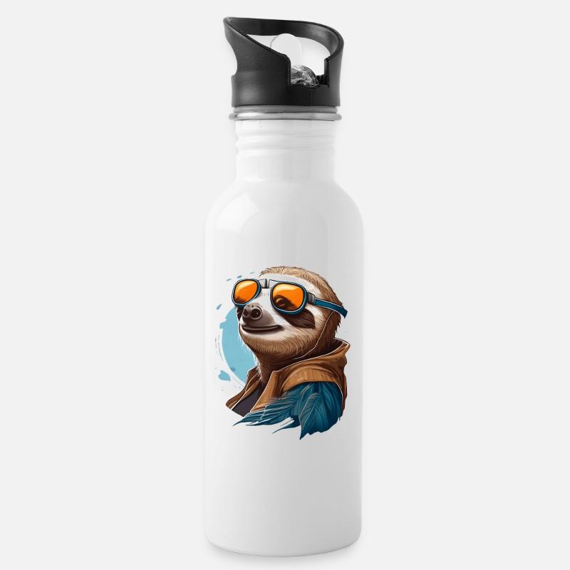 Faultier mit Fliegerbrille - Trinkflasche mit integriertem Trinkhalm - Weiß