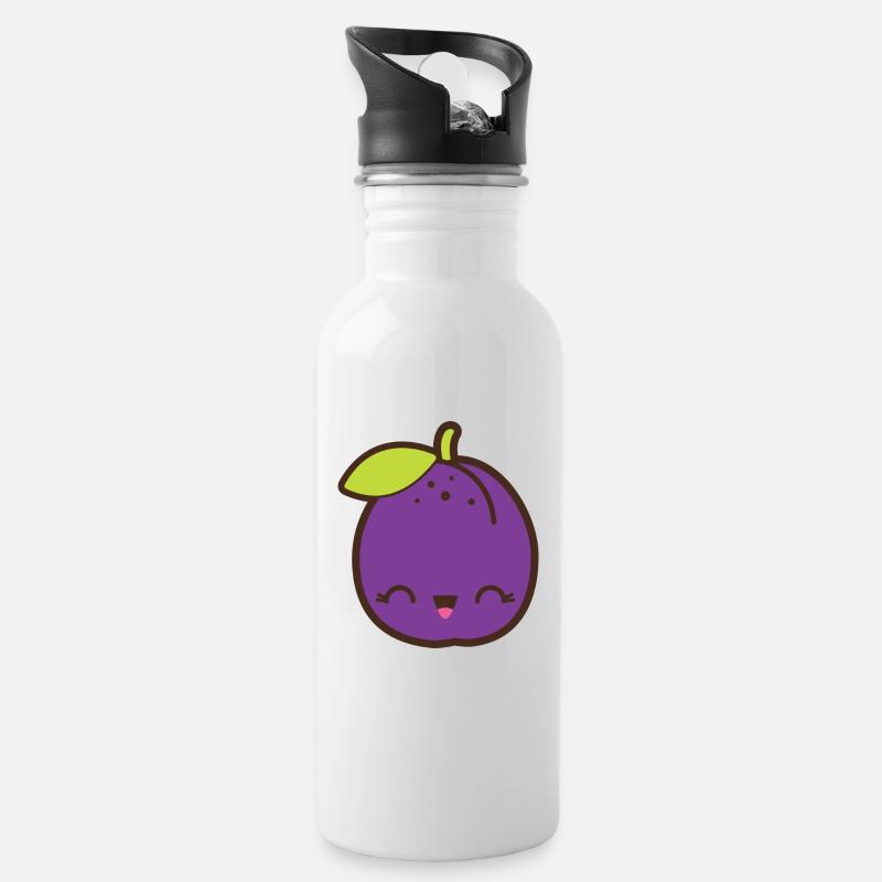 Niedliche Pflaume Smile Kawaii - Trinkflasche mit integriertem Trinkhalm - Weiß