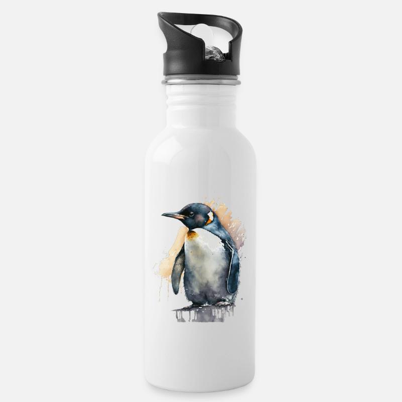 Pinguin Aquarell Wasserfarben Gemälde - Trinkflasche mit integriertem Trinkhalm - Weiß