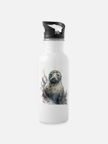 Robbe Süß Niedlich Realistisch Aquarell - Trinkflasche mit integriertem Trinkhalm - Weiß