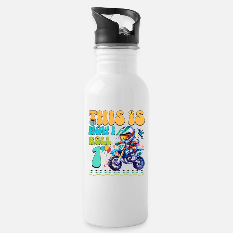 Motocross 1. Geburtstag - Trinkflasche mit integriertem Trinkhalm - Weiß