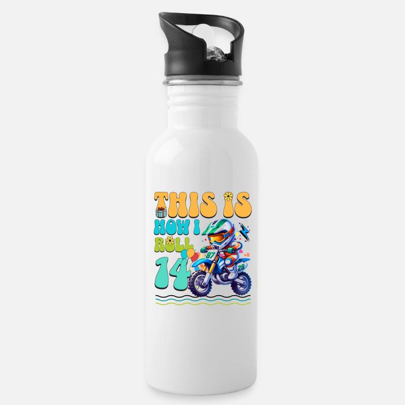 Motocross 14. Geburtstag - Trinkflasche mit integriertem Trinkhalm - Weiß