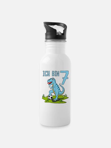 Dinosaure Rex Football 7 Anniversaire Bleu - Gourde avec paille intégrée - blanc
