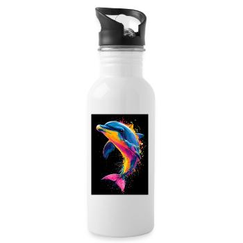 Delfin Pop Art Bunt - Trinkflasche mit integriertem Trinkhalm - Weiß - Rechts
