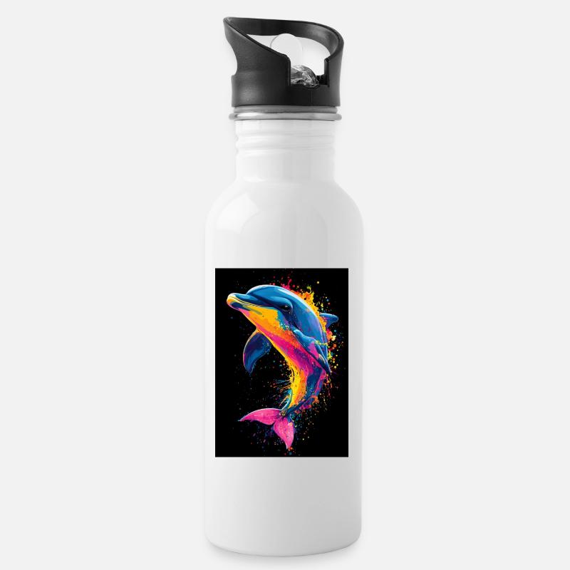 Delfin Pop Art Bunt - Trinkflasche mit integriertem Trinkhalm - Weiß